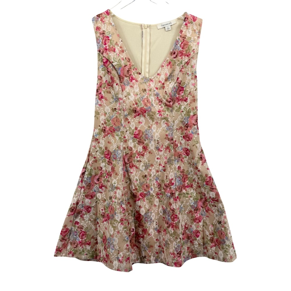 Francesca's Floral Lace Fit and Flare Mini Dress V-Neck Pink Tan Small D5343-SBN